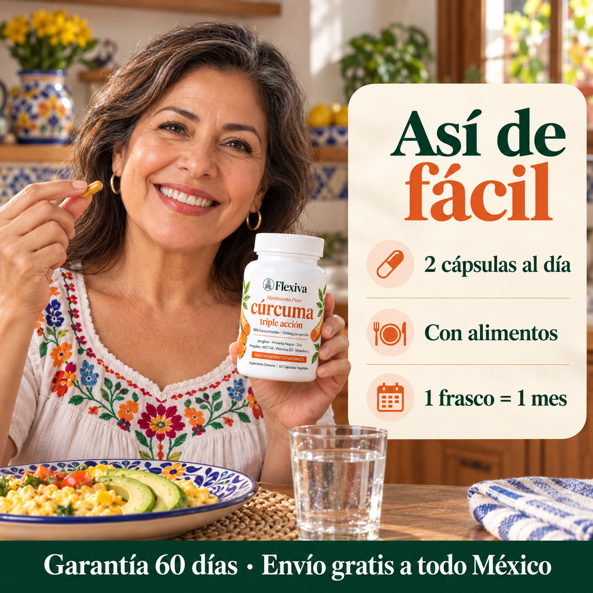 Cómo se toma Flexiva: 2 cápsulas al día con alimentos